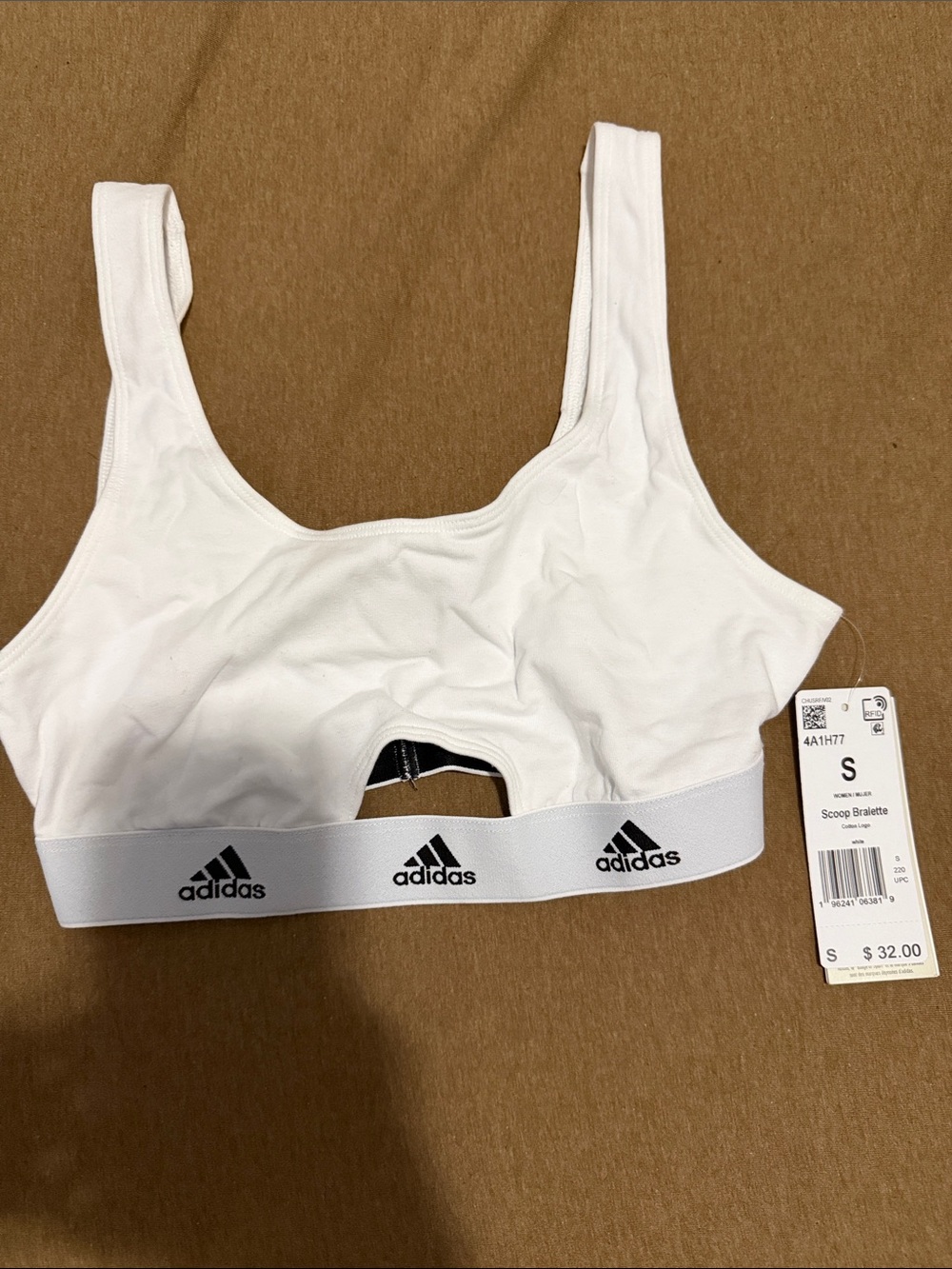 NWT adidas White Scoop Bralette with Black Logo Band- size small